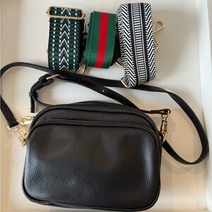 POM POM London Black Leather Crossbody Bag & 3 Extra Straps - NEW without tags
